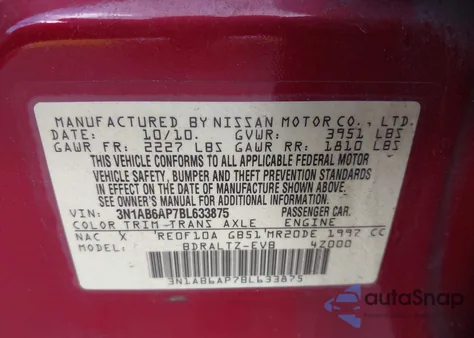 2011 Nissan Sentra 2.0S z USA, uszkodzony, nr VIN 3N1AB6AP7BL633875